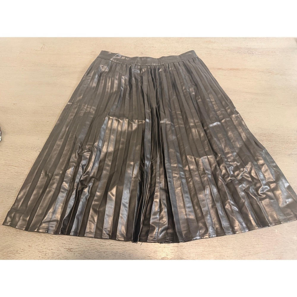 Monteau Los Angeles Black Faux Leather Pleated Midi Skirt Large High Waist Edgy
